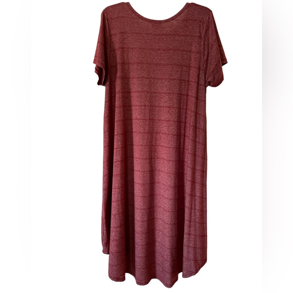 LULAROE TEE SHIRT DRESS Pocket Tee Short Sleeved Heather Red Striped Shift - Picture 8 of 10
